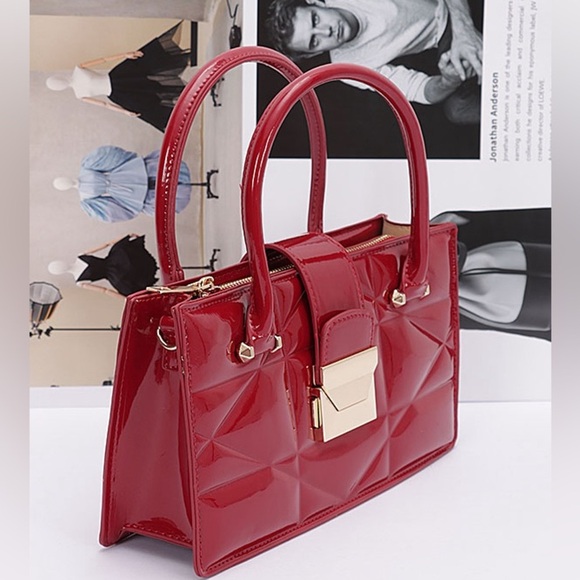 Ivory Faux Patent Leather Convertible Top Handle Swing Bag - Picture 5 of 12